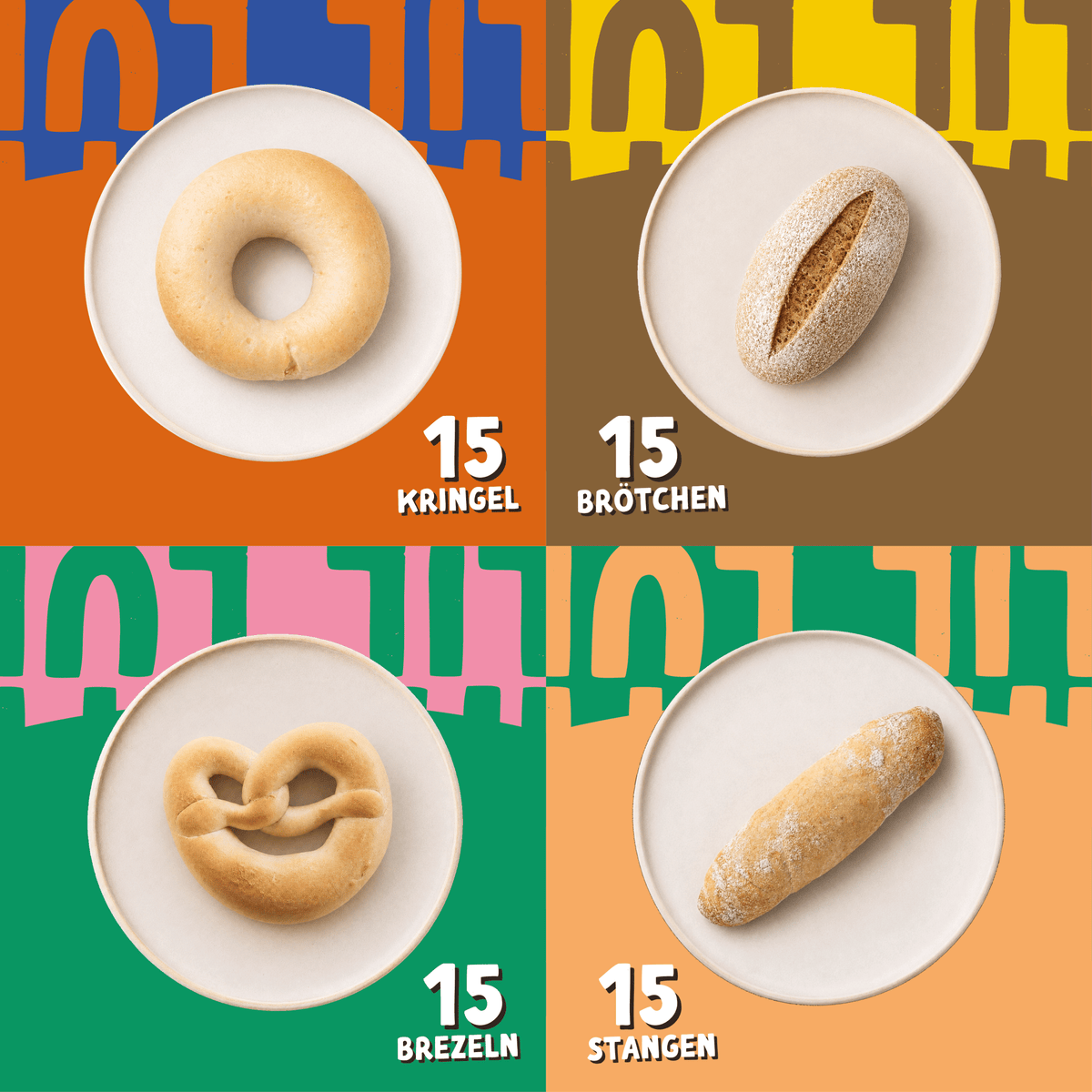 Familybox XL: je 15 Stück Hirse Dinkel Kringel, Hafer Dinkel Stange, Dinkel Breze und Kamut Dinkelvollkorn Brötchen